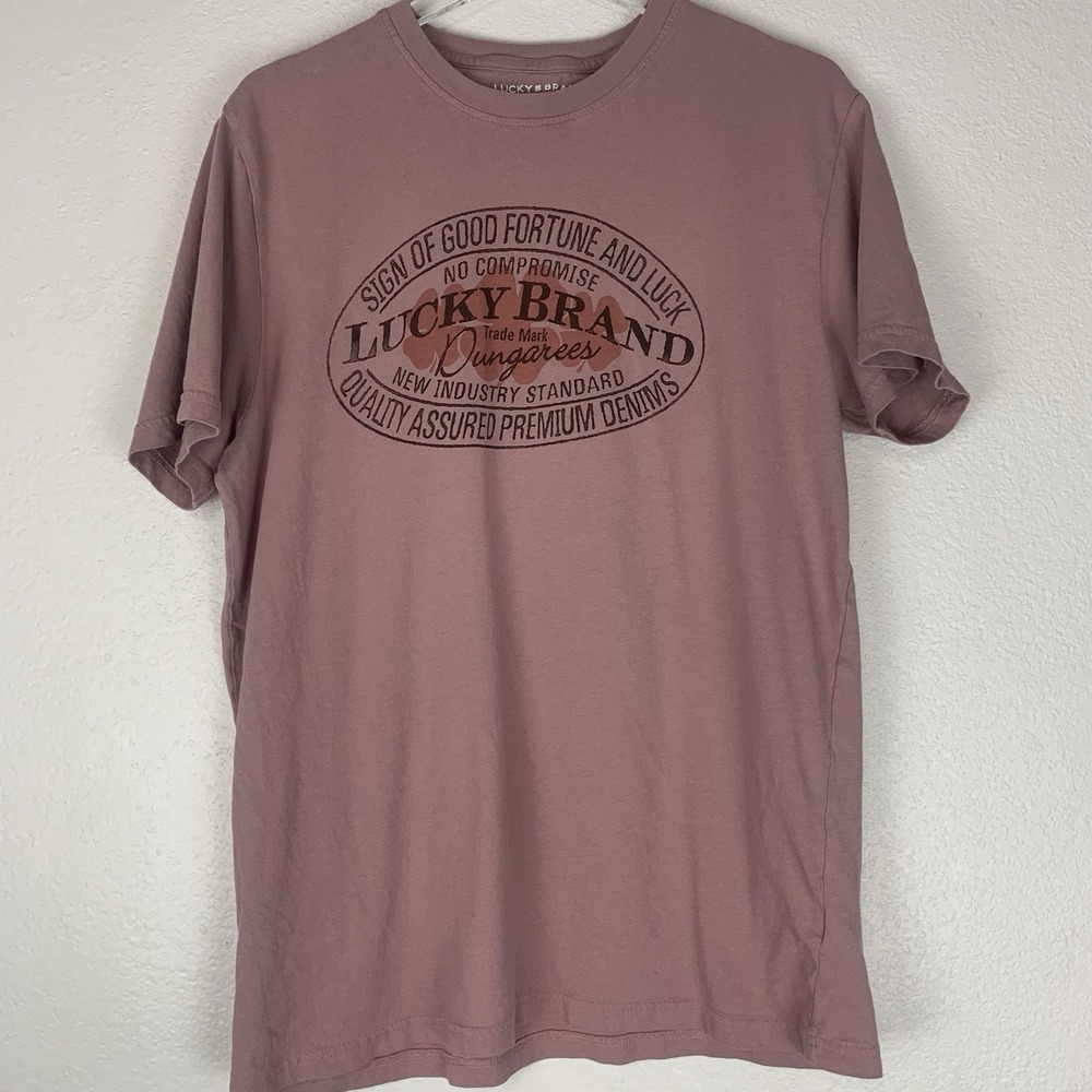 Lucky Brand Shirt Men Medium Good Fortune Luck Graphic Tee Pink Casual Crewneck